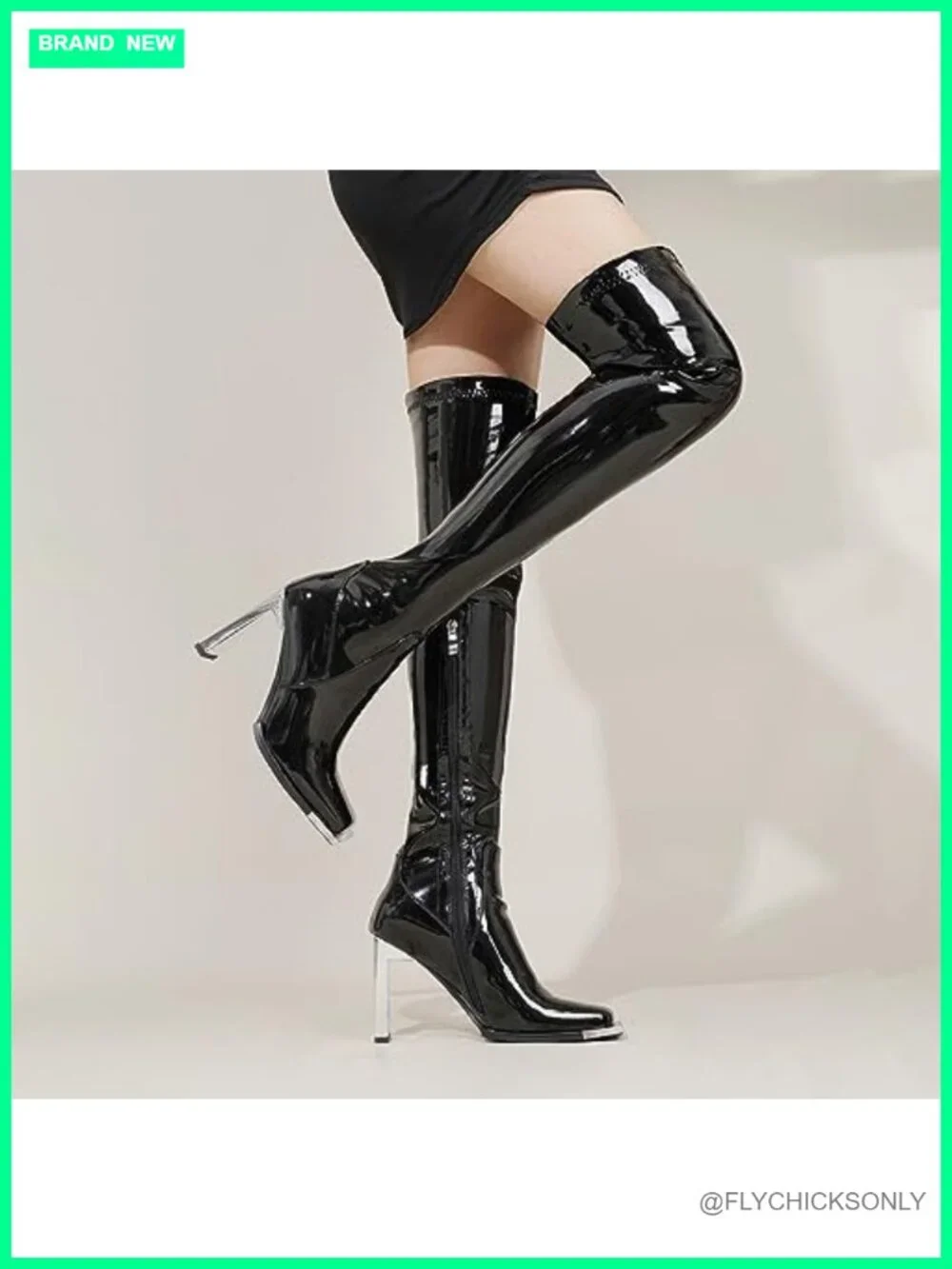 Women Wide Calf Thigh High Latex Stretch Boots Square Toe Over the Knee Block